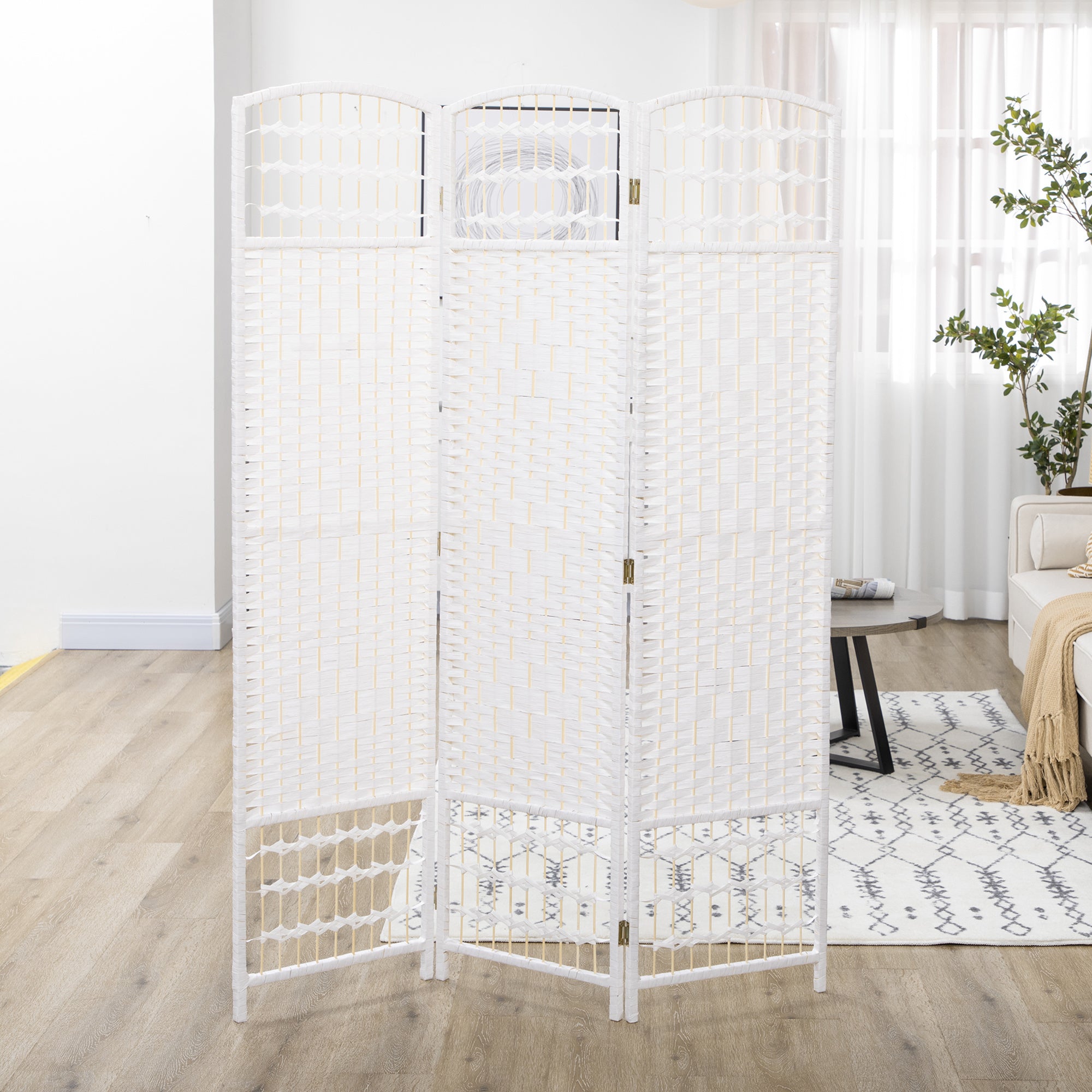 3 Panel Room Divider, Folding Privacy Screen, 5.6' Room Separator, Wave Fiber Freestanding Partition Wall Divider for Rooms, Home, Office, White