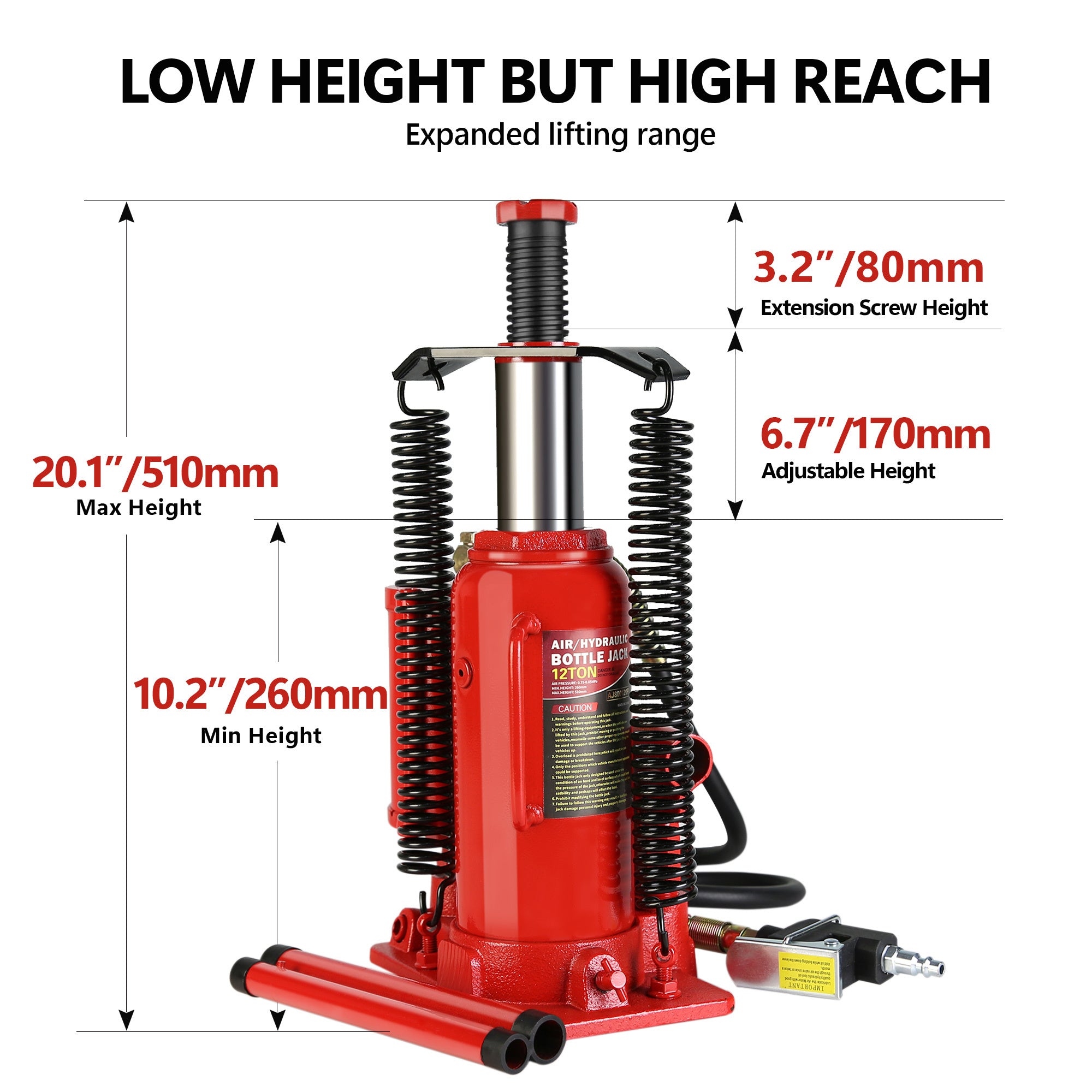 Air Hydraulic Bottle Jack, 12 Ton All Welded Bottle Jack, 10.2-20.1 inch Lifting Range, with 2-Section Long Handle, for Car, Pickup Truck, Truck, RV, Auto Repair, Industrial Engineering