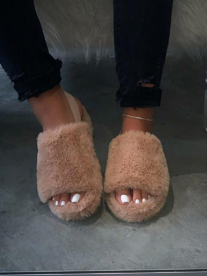 Women Fur Wedge Slippers with Ankle Elastic Band Open Toe Winter Slides Home Slipper Plush Slip-on Fluffy Warm Indoor Slippers Comfortable - WoodPoly.com