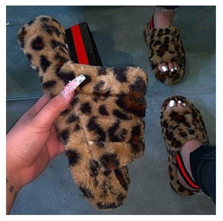 Women Fur Wedge Slippers with Ankle Elastic Band Open Toe Winter Slides Home Slipper Plush Slip-on Fluffy Warm Indoor Slippers Comfortable - WoodPoly.com