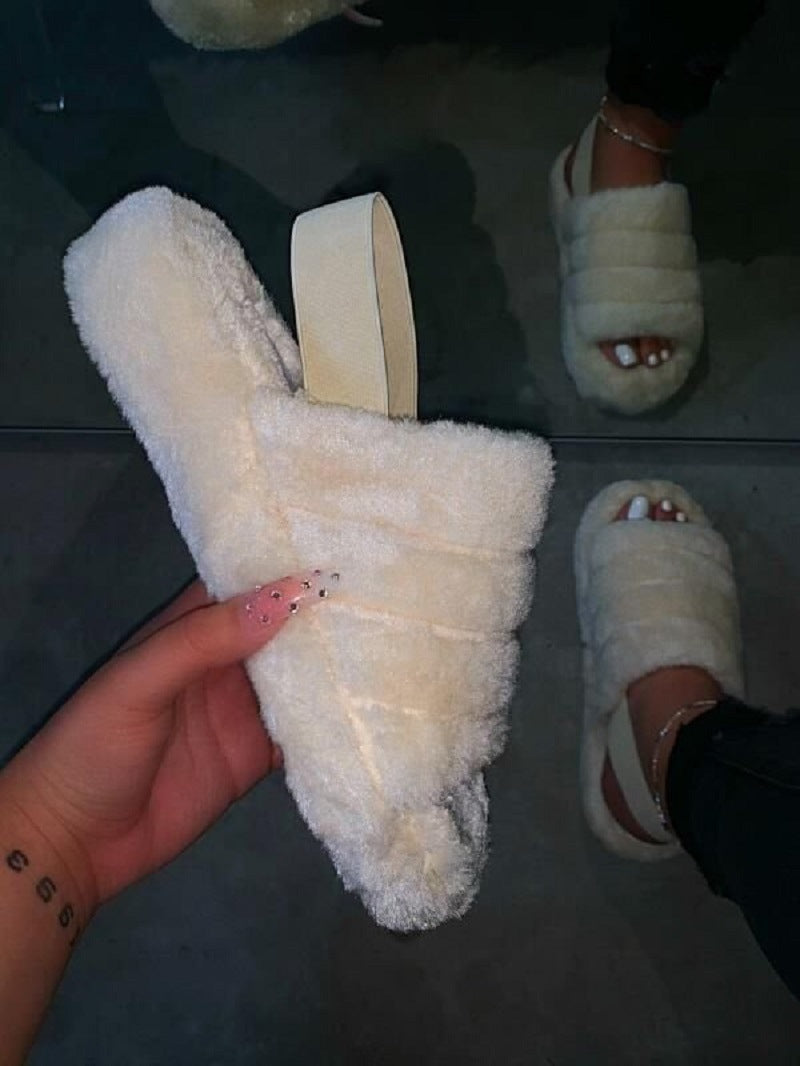 Women Fur Wedge Slippers with Ankle Elastic Band Open Toe Winter Slides Home Slipper Plush Slip-on Fluffy Warm Indoor Slippers Comfortable - WoodPoly.com