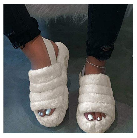 Women Fur Wedge Slippers with Ankle Elastic Band Open Toe Winter Slides Home Slipper Plush Slip-on Fluffy Warm Indoor Slippers Comfortable - WoodPoly.com
