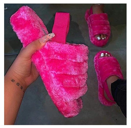 Women Fur Wedge Slippers with Ankle Elastic Band Open Toe Winter Slides Home Slipper Plush Slip-on Fluffy Warm Indoor Slippers Comfortable - WoodPoly.com