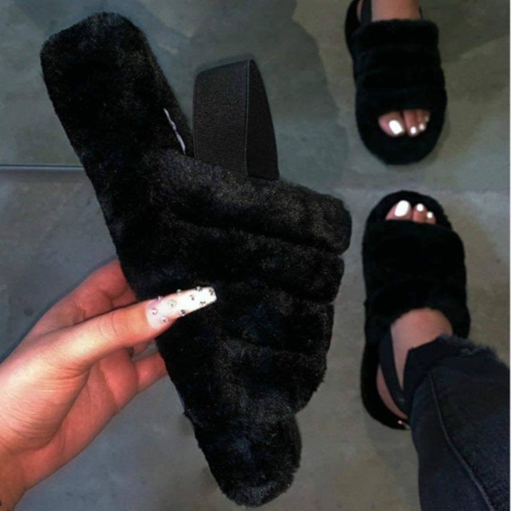 Women Fur Wedge Slippers with Ankle Elastic Band Open Toe Winter Slides Home Slipper Plush Slip-on Fluffy Warm Indoor Slippers Comfortable - WoodPoly.com
