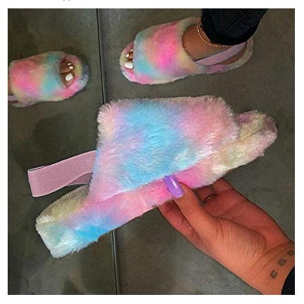 Women Fur Wedge Slippers with Ankle Elastic Band Open Toe Winter Slides Home Slipper Plush Slip-on Fluffy Warm Indoor Slippers Comfortable - WoodPoly.com