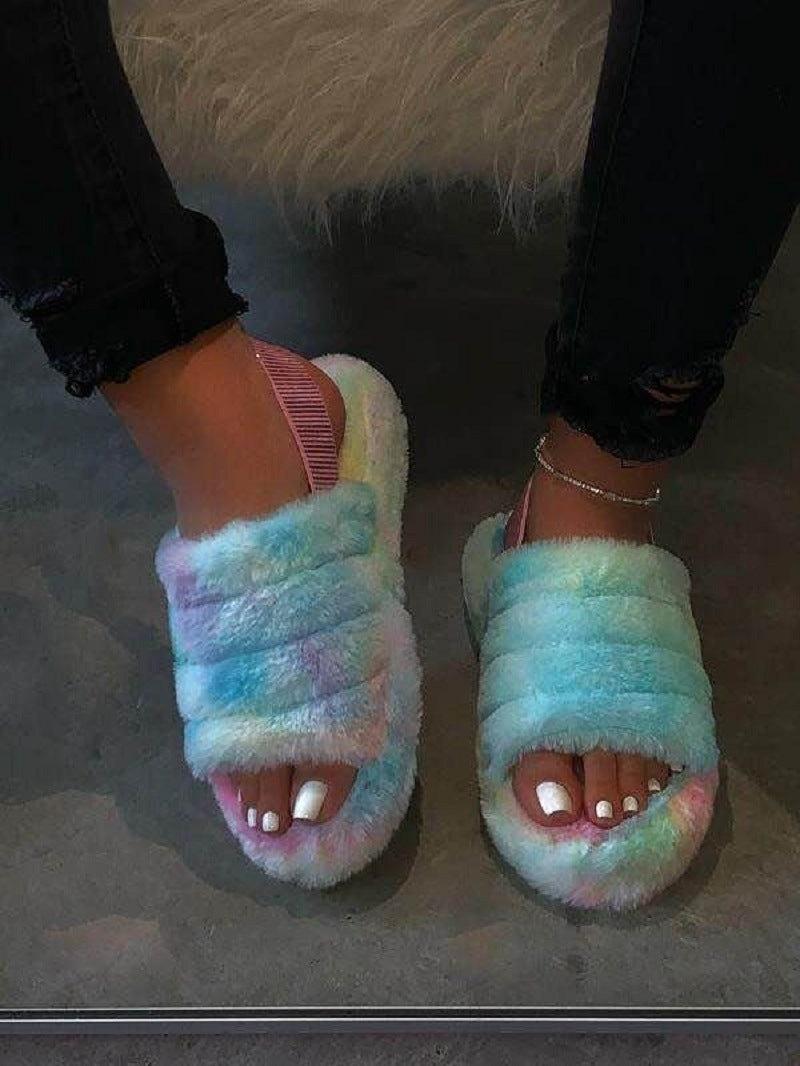 Women Fur Wedge Slippers with Ankle Elastic Band Open Toe Winter Slides Home Slipper Plush Slip-on Fluffy Warm Indoor Slippers Comfortable - WoodPoly.com