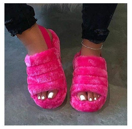 Women Fur Wedge Slippers with Ankle Elastic Band Open Toe Winter Slides Home Slipper Plush Slip-on Fluffy Warm Indoor Slippers Comfortable - WoodPoly.com