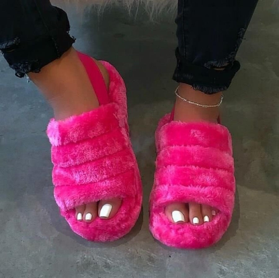 Women Fur Wedge Slippers with Ankle Elastic Band Open Toe Winter Slides Home Slipper Plush Slip-on Fluffy Warm Indoor Slippers Comfortable - WoodPoly.com
