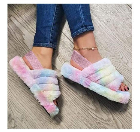 Women Fur Wedge Slippers with Ankle Elastic Band Open Toe Winter Slides Home Slipper Plush Slip-on Fluffy Warm Indoor Slippers Comfortable - WoodPoly.com