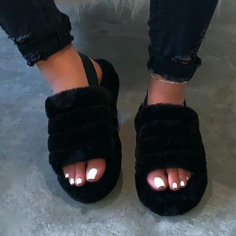 Women Fur Wedge Slippers with Ankle Elastic Band Open Toe Winter Slides Home Slipper Plush Slip-on Fluffy Warm Indoor Slippers Comfortable - WoodPoly.com