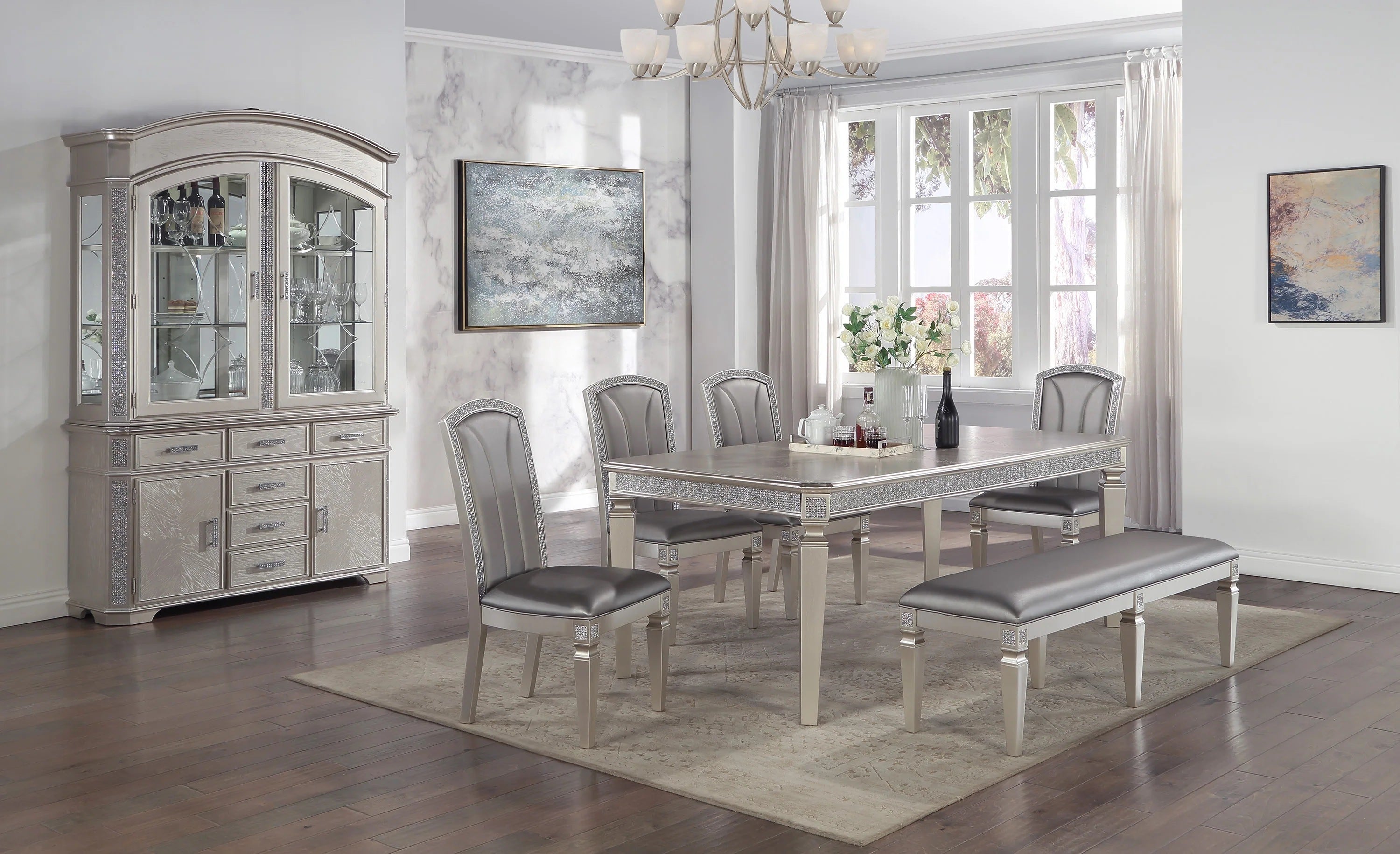 1-Pc Modern Glam Long Bench Upholstered Seat Sparkling Embellishments Silver Gray Finish Furniture Bedroom Living Room Dining Room