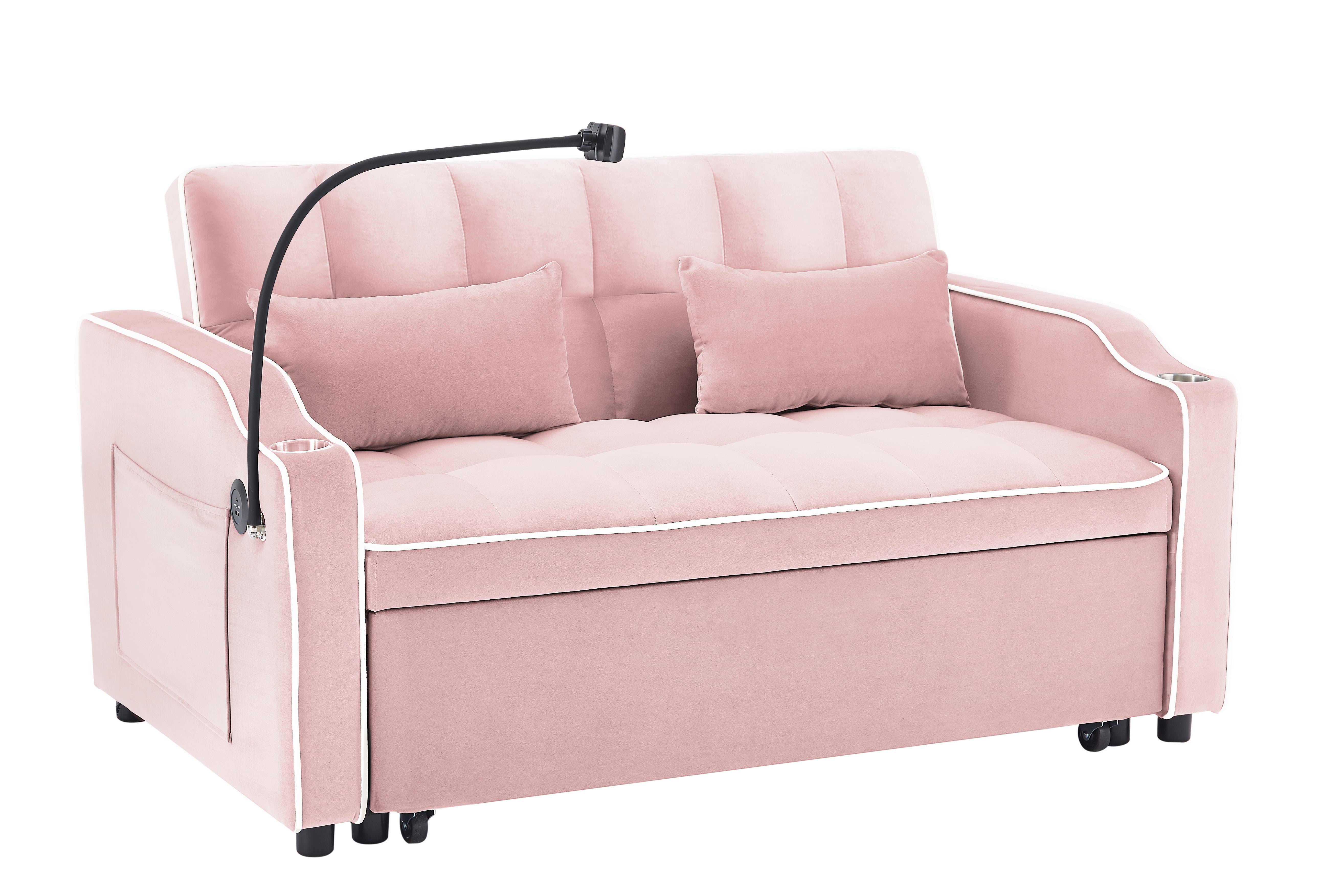 1 versatile foldable sofa bed in 3 lengths, modern sofa sofa sofa velvet pull-out bed, adjustable back and with USB port and ashtray and swivel phone stand (pink)