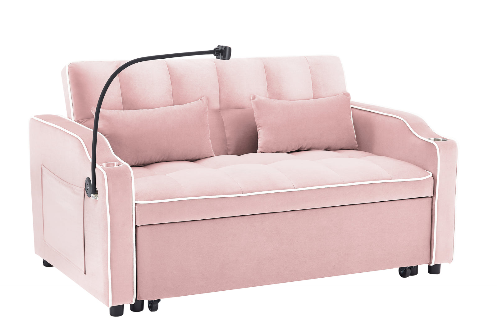 1 versatile foldable sofa bed in 3 lengths, modern sofa sofa sofa velvet pull-out bed, adjustable back and with USB port and ashtray and swivel phone stand (pink)