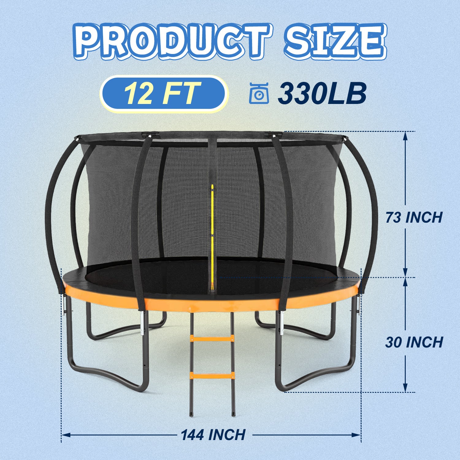 12FT Outdoor Big Trampoline With Inner Safety Enclosure Net, Ladder, PVC Spring Cover Padding, For Kids, Black&Orange Color