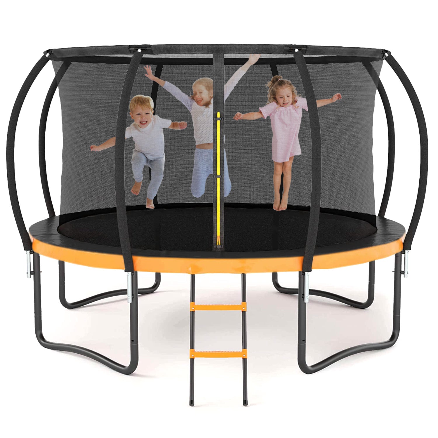 12FT Outdoor Big Trampoline With Inner Safety Enclosure Net, Ladder, PVC Spring Cover Padding, For Kids, Black&Orange Color