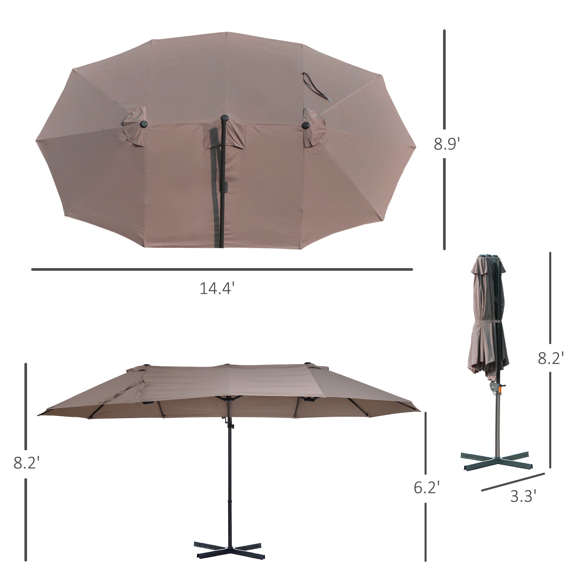 14ft Patio Umbrella Double-Sided Outdoor Market Extra Large Umbrella with Crank, Cross Base for Deck, Lawn, Backyard and Pool, Brown