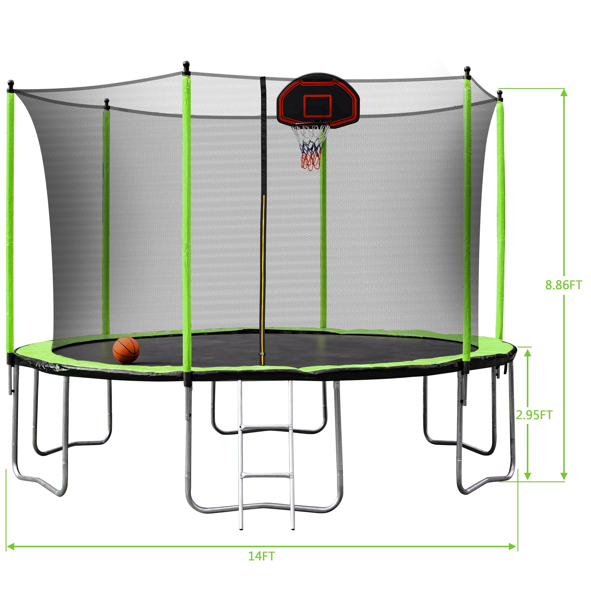 14FT Trampoline with Basketball Hoop Inflator and Ladder(Inner Safety Enclosure) Green