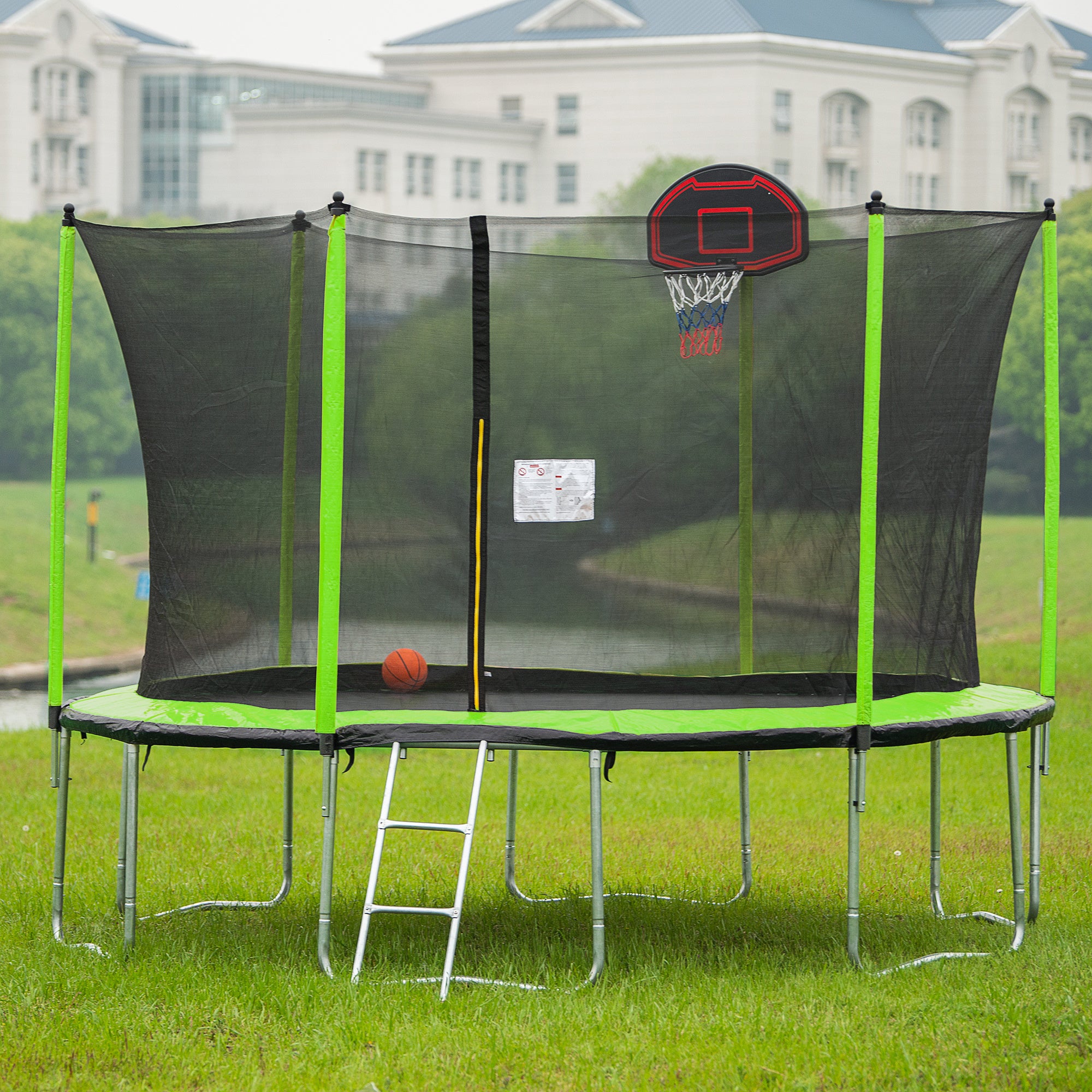 14FT Trampoline with Basketball Hoop Inflator and Ladder(Inner Safety Enclosure) Green