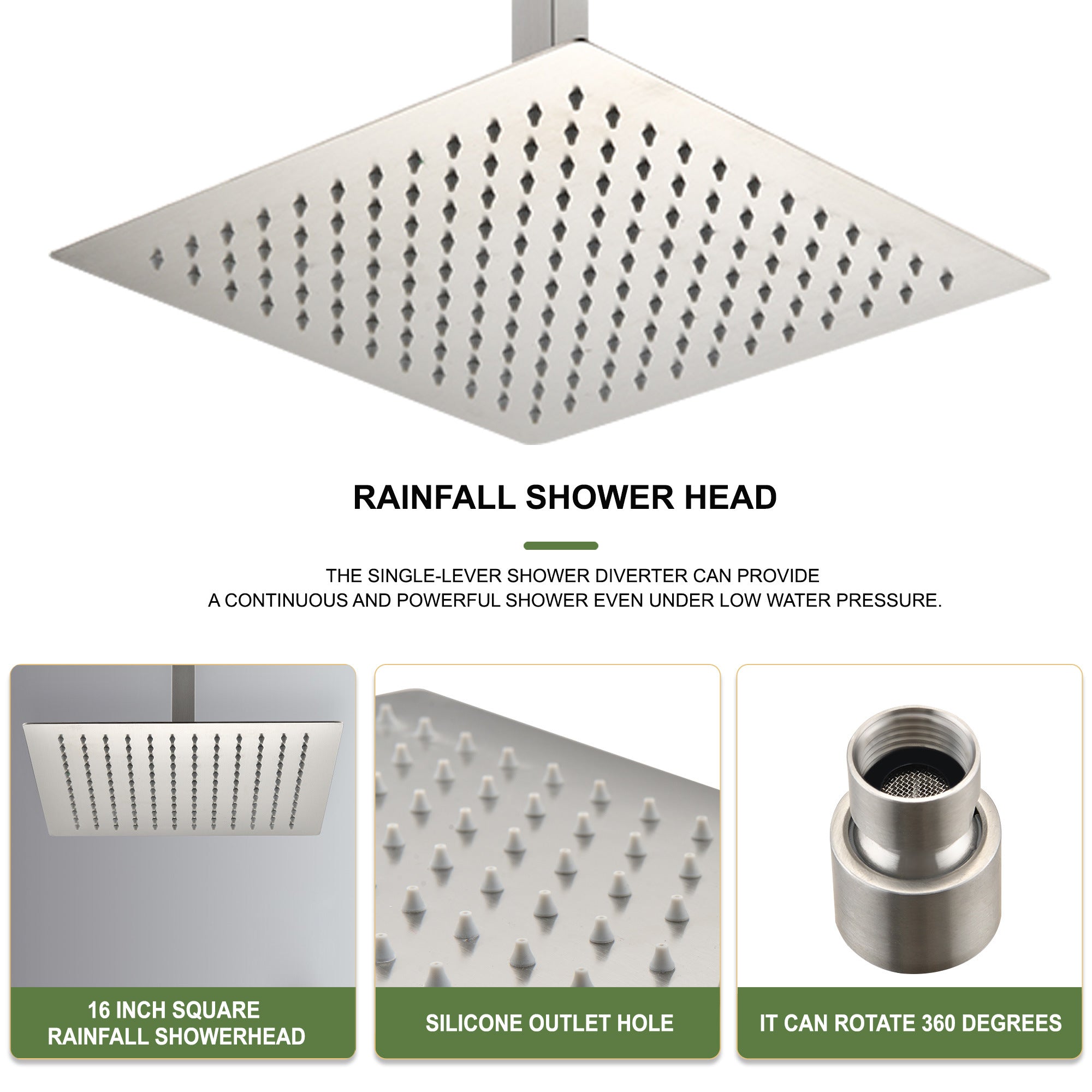 16 Inch Square Rain Shower Head Brushed Nickel 304 Stainless Steel Showerhead