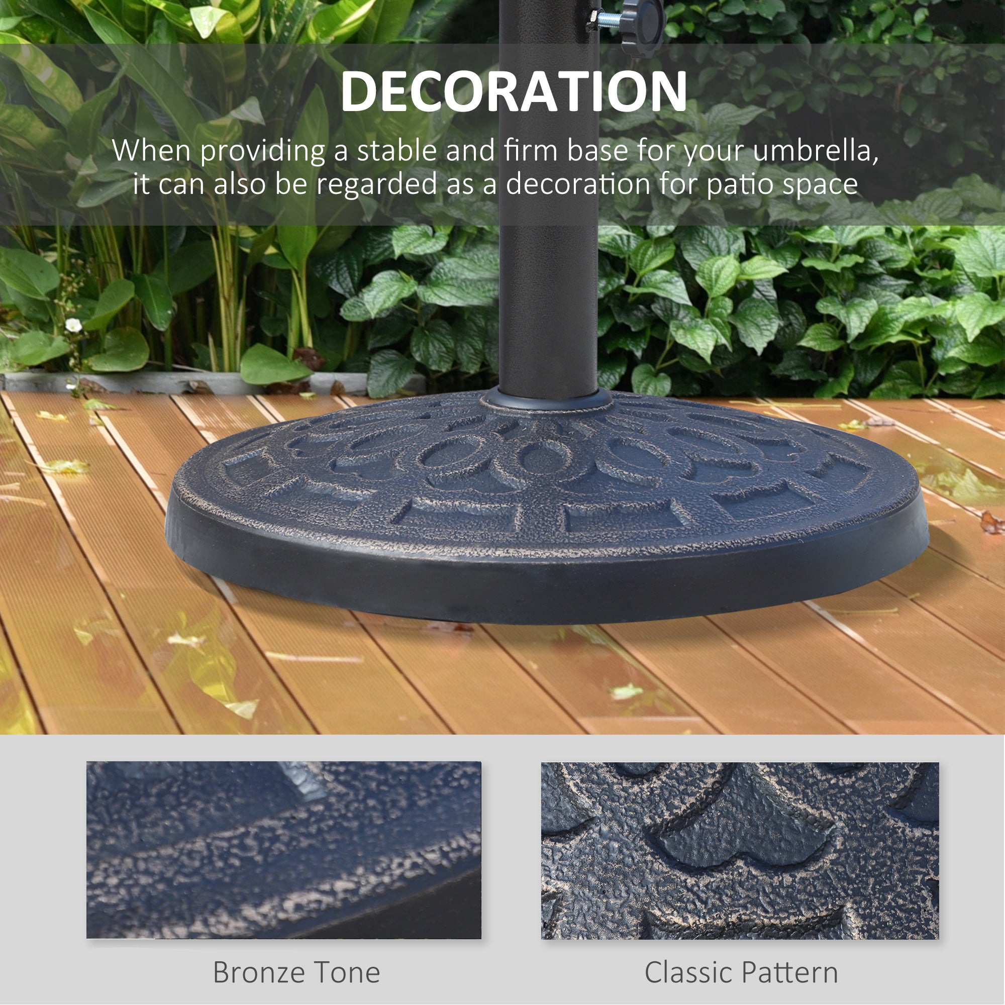 17" 26 lbs Round Resin Umbrella Base Stand Market Parasol Holder with Beautiful Decorative Pattern & Easy Setup, for Φ1.5", Φ1.89" Pole, for Lawn, Deck, Backyard, Garden, Bronze