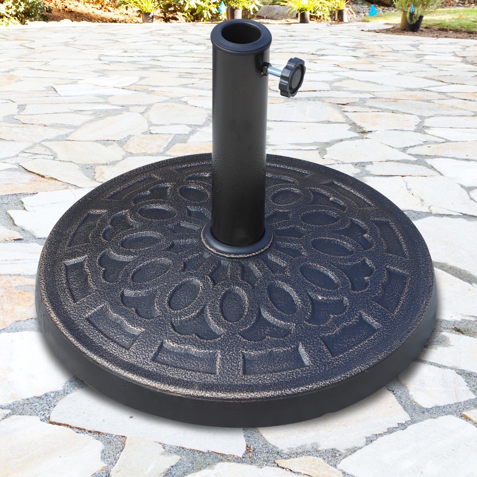 17" 26 lbs Round Resin Umbrella Base Stand Market Parasol Holder with Beautiful Decorative Pattern & Easy Setup, for Φ1.5", Φ1.89" Pole, for Lawn, Deck, Backyard, Garden, Bronze