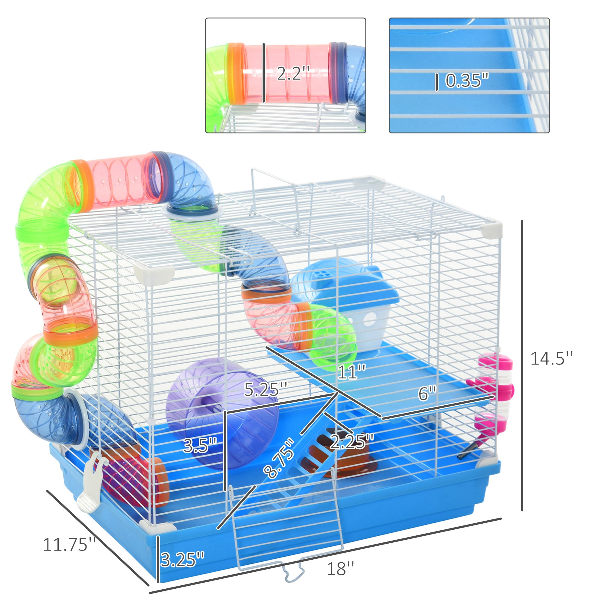18" 2-Tier Hamster Cage with Wheel and Water Bottle, Blue
