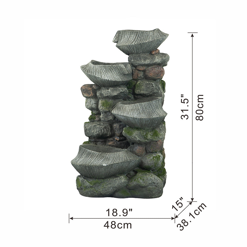 19x15x31.5" Indoor Outdoor Stone Water Fountain, 4-Tier Polyresin Cascading Rock Bowl Freestanding Fountain with LED Ligh
