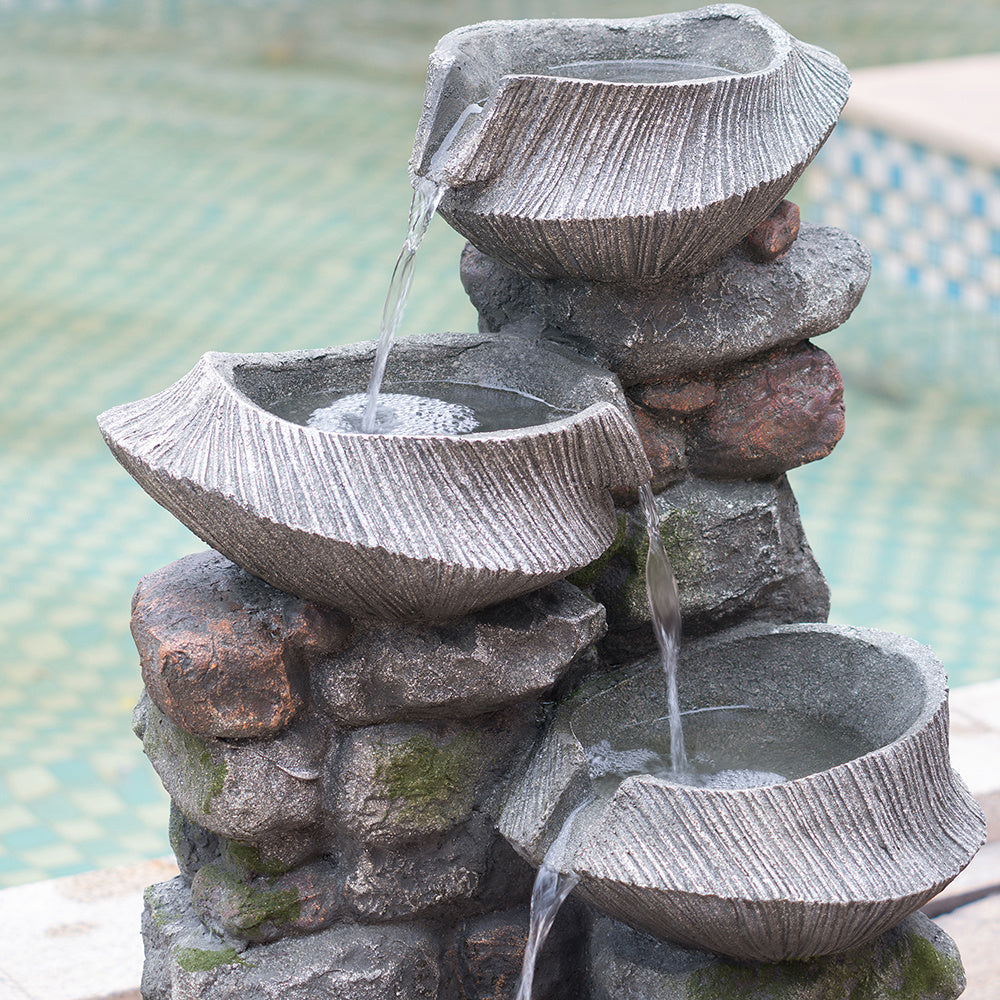 19x15x31.5" Indoor Outdoor Stone Water Fountain, 4-Tier Polyresin Cascading Rock Bowl Freestanding Fountain with LED Ligh