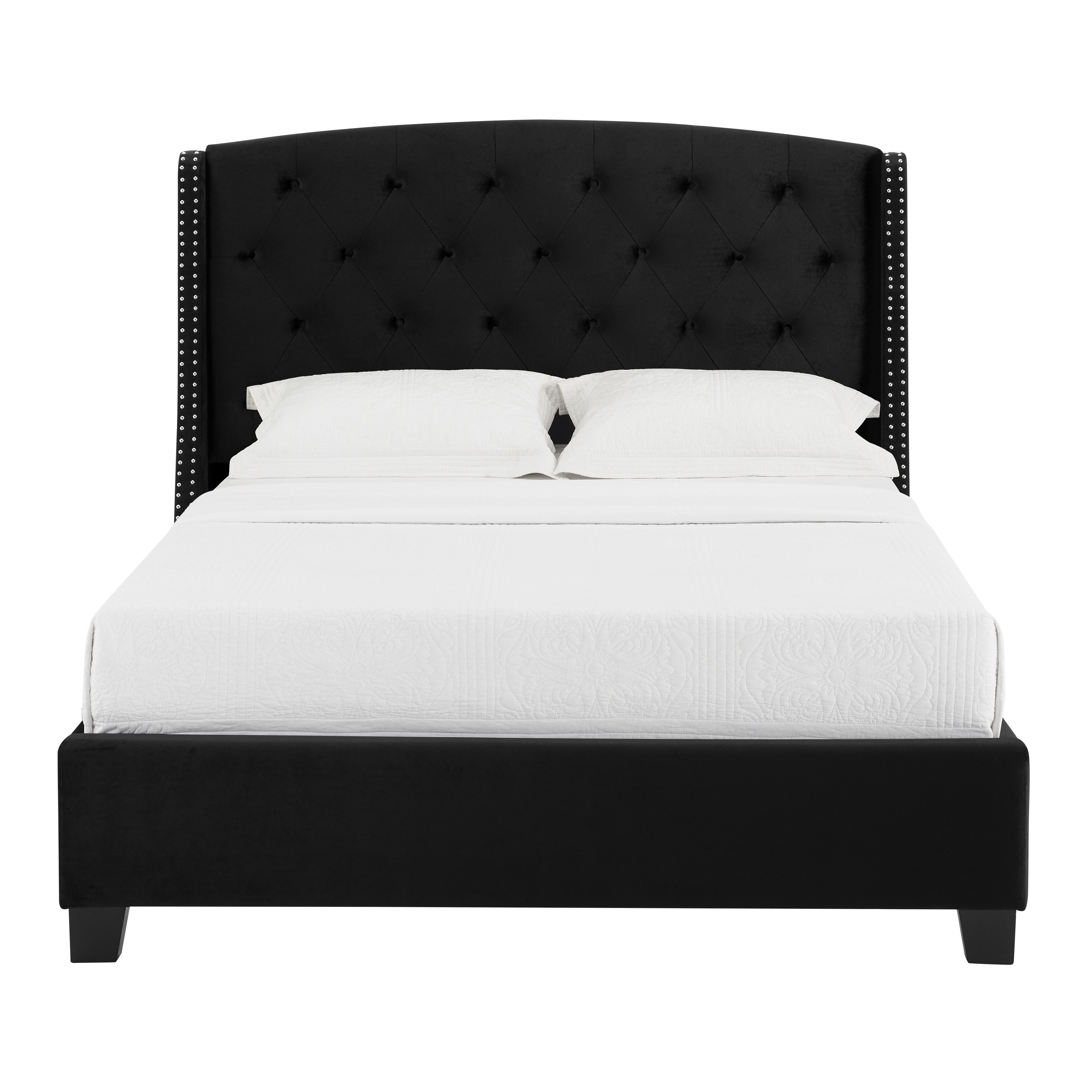 1pc Contemporary Style Upholstered Fabric Button Tufting Nailhead Trim Demi-wings Eva Bed Black Finish Wooden Bedroom Furniture