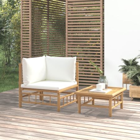 2 Piece Patio Lounge Set with Cream White Cushions Bamboo