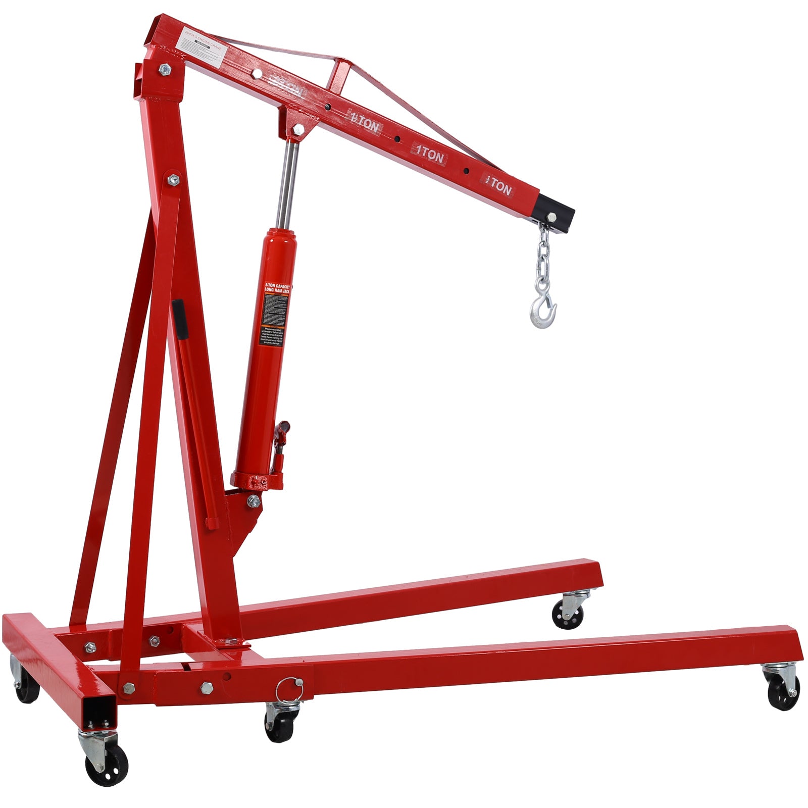 2 Ton Folding Engine Hoist Cherry Picker Shop Crane Hoist Lift, Heavy Duty Steel with 6 Iron Caster Wheels (Red)