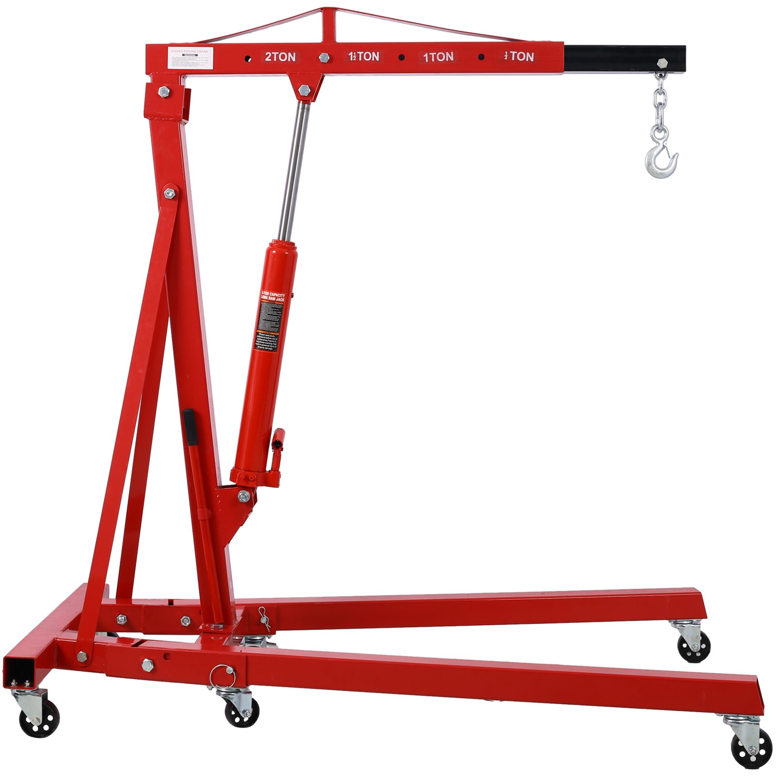 2 Ton Folding Engine Hoist Cherry Picker Shop Crane Hoist Lift, Heavy Duty Steel with 6 Iron Caster Wheels (Red)