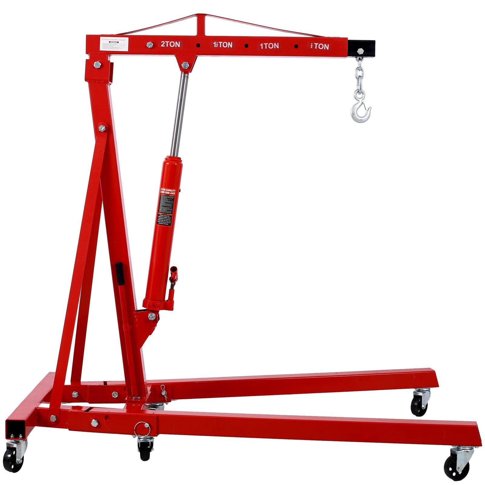 2 Ton Folding Engine Hoist Cherry Picker Shop Crane Hoist Lift, Heavy Duty Steel with 6 Iron Caster Wheels (Red)