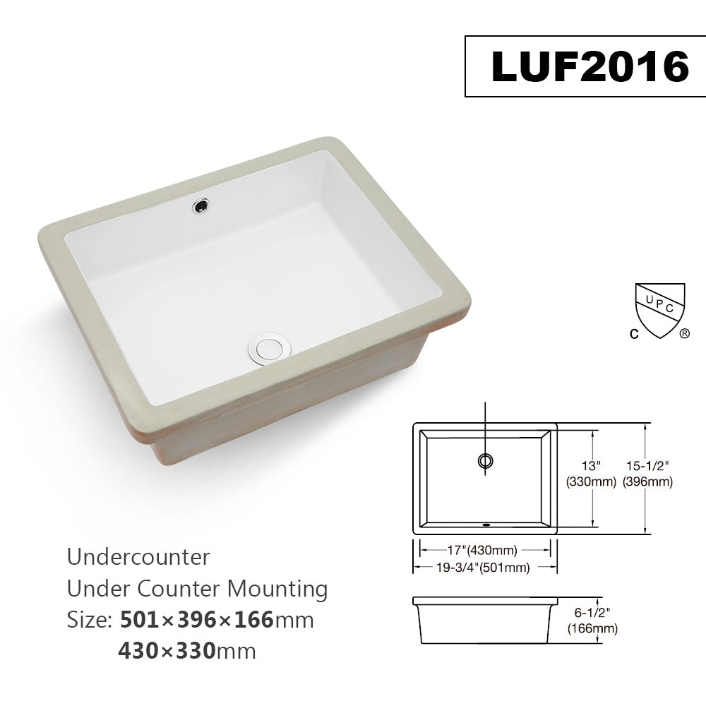 20"x15.5" White Ceramic Rectangular Undermount Bathroom Sink with Overflow