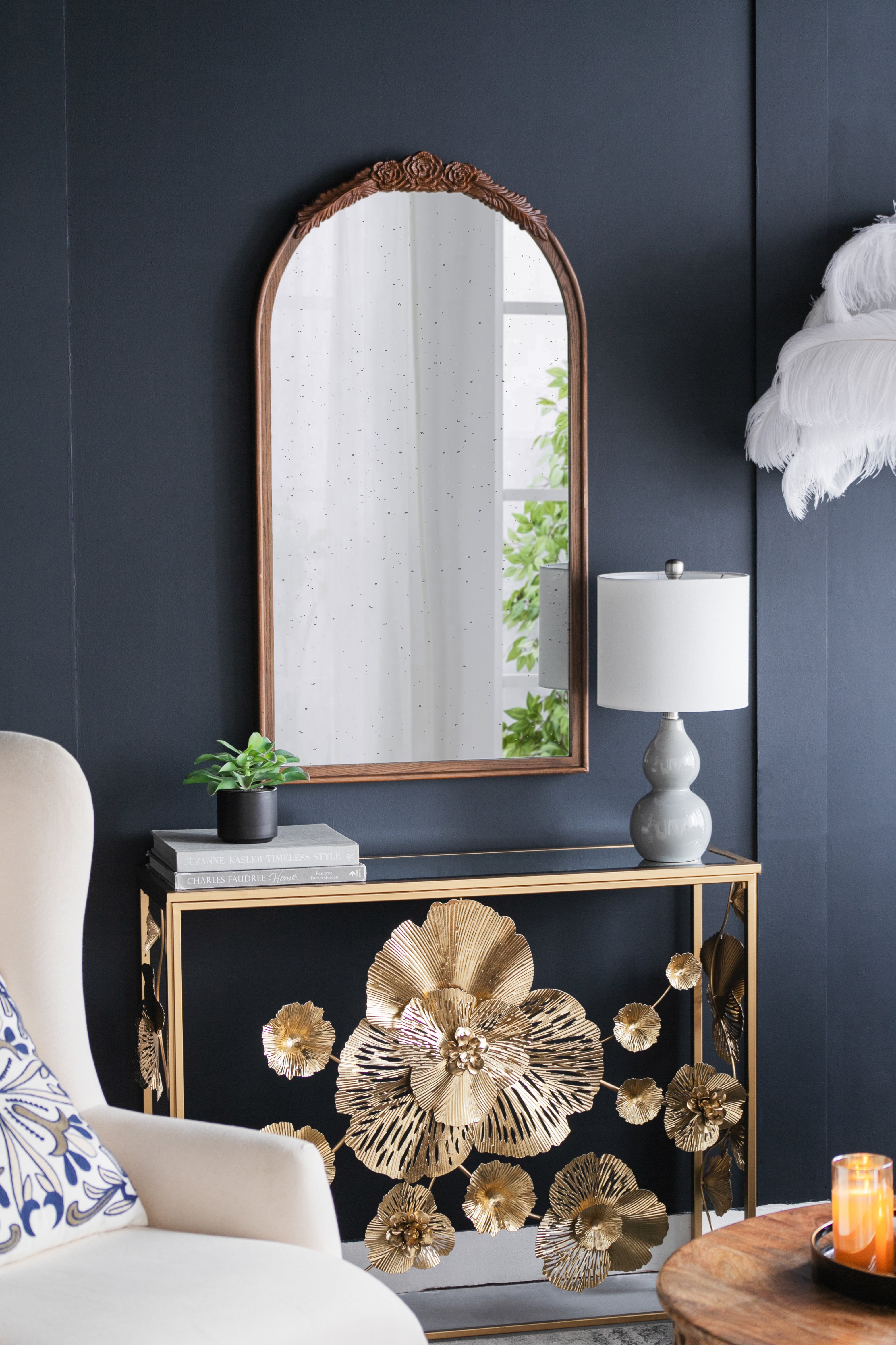 23" x 42" Hand Carved Rose Antique Mirror Frame, Wood Arch Mirror Wall Decor for Living Room, Bathroom, Entryway(Brown)