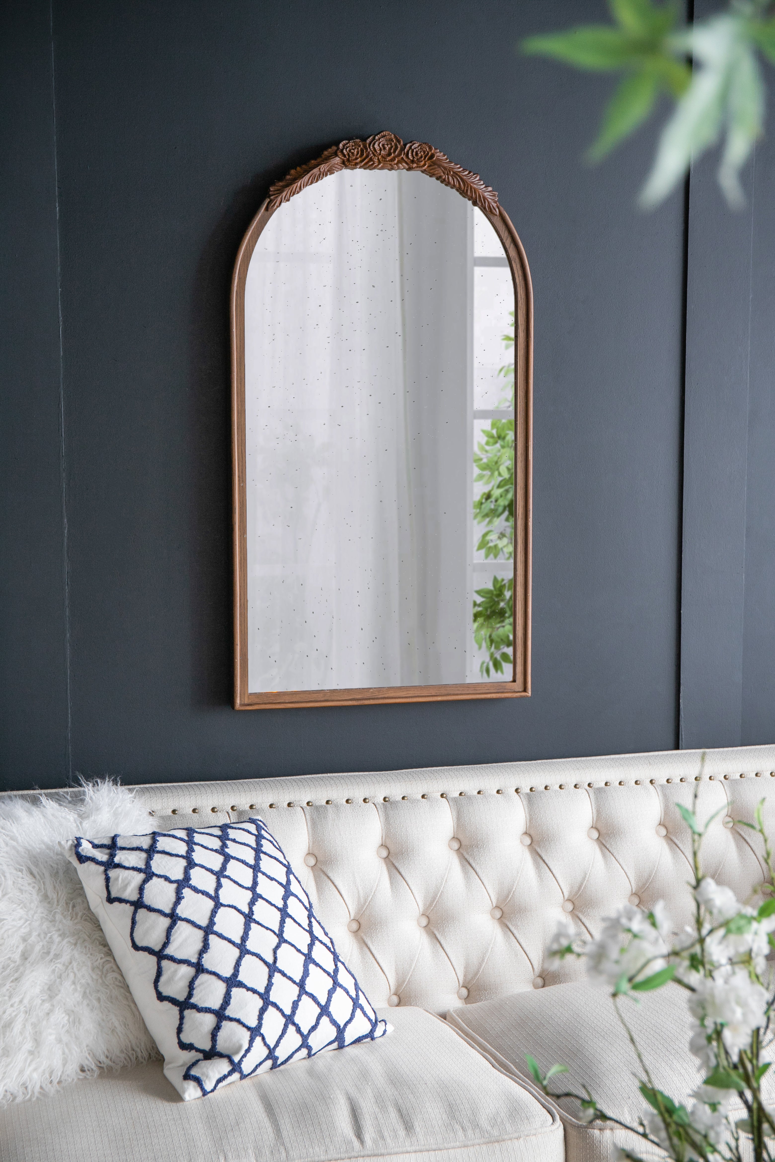 23" x 42" Hand Carved Rose Antique Mirror Frame, Wood Arch Mirror Wall Decor for Living Room, Bathroom, Entryway(Brown)
