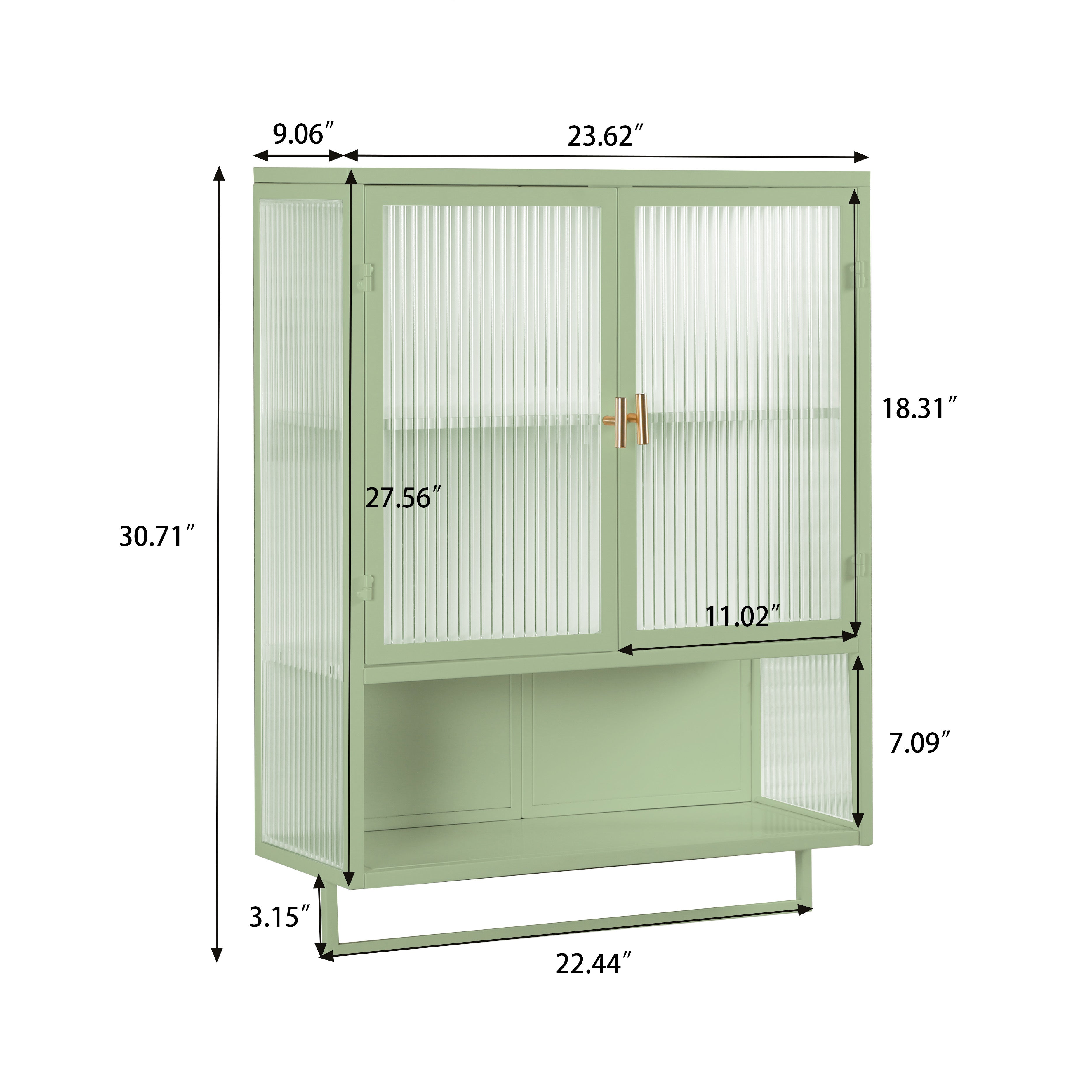 23.62"Glass Doors Modern Two-door Wall Cabinet with Featuring Two-tier Enclosed Storage, an Open Shelf, and Towel Rack, for Entryway Living Room Bathroom Dining Room,Green