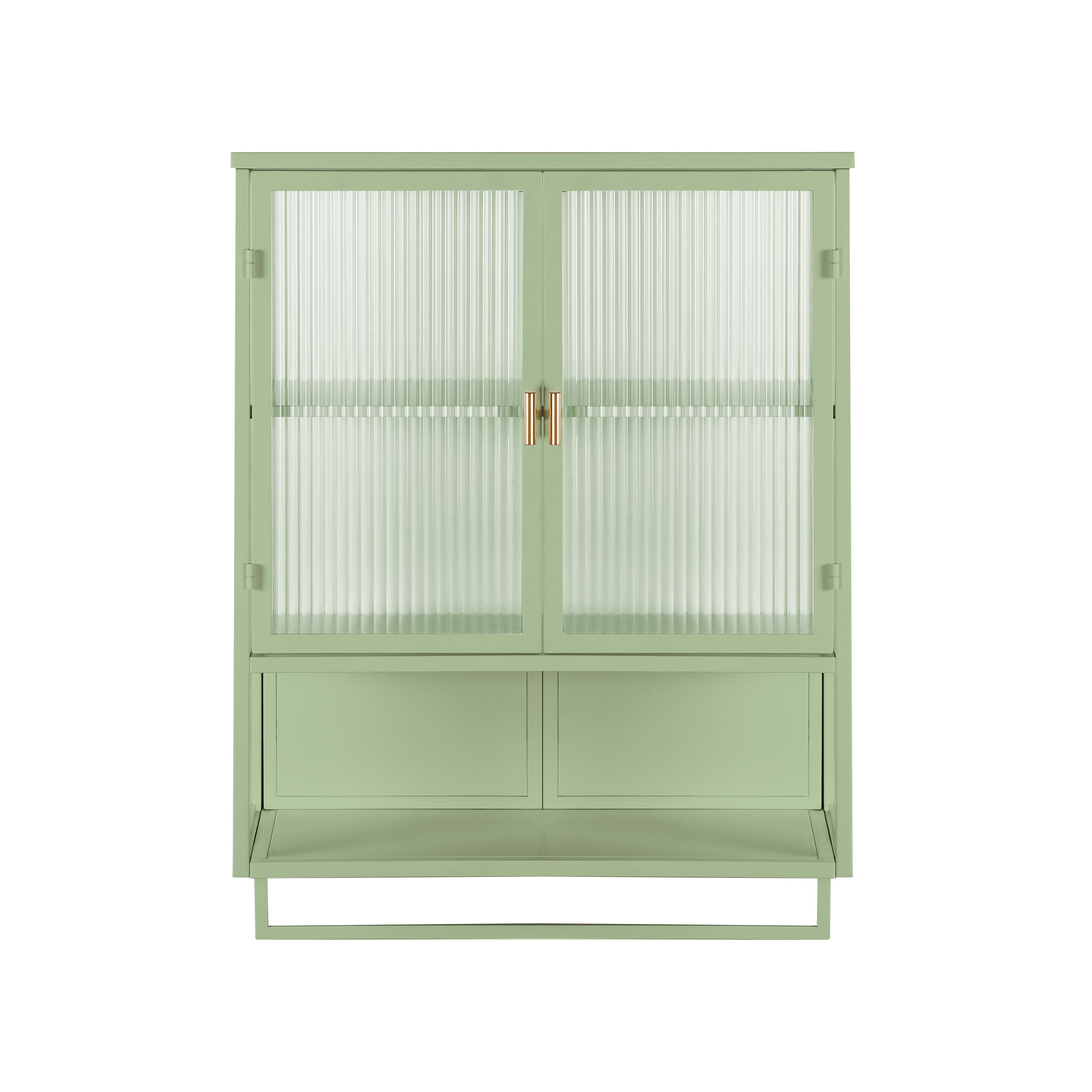 23.62"Glass Doors Modern Two-door Wall Cabinet with Featuring Two-tier Enclosed Storage, an Open Shelf, and Towel Rack, for Entryway Living Room Bathroom Dining Room,Green