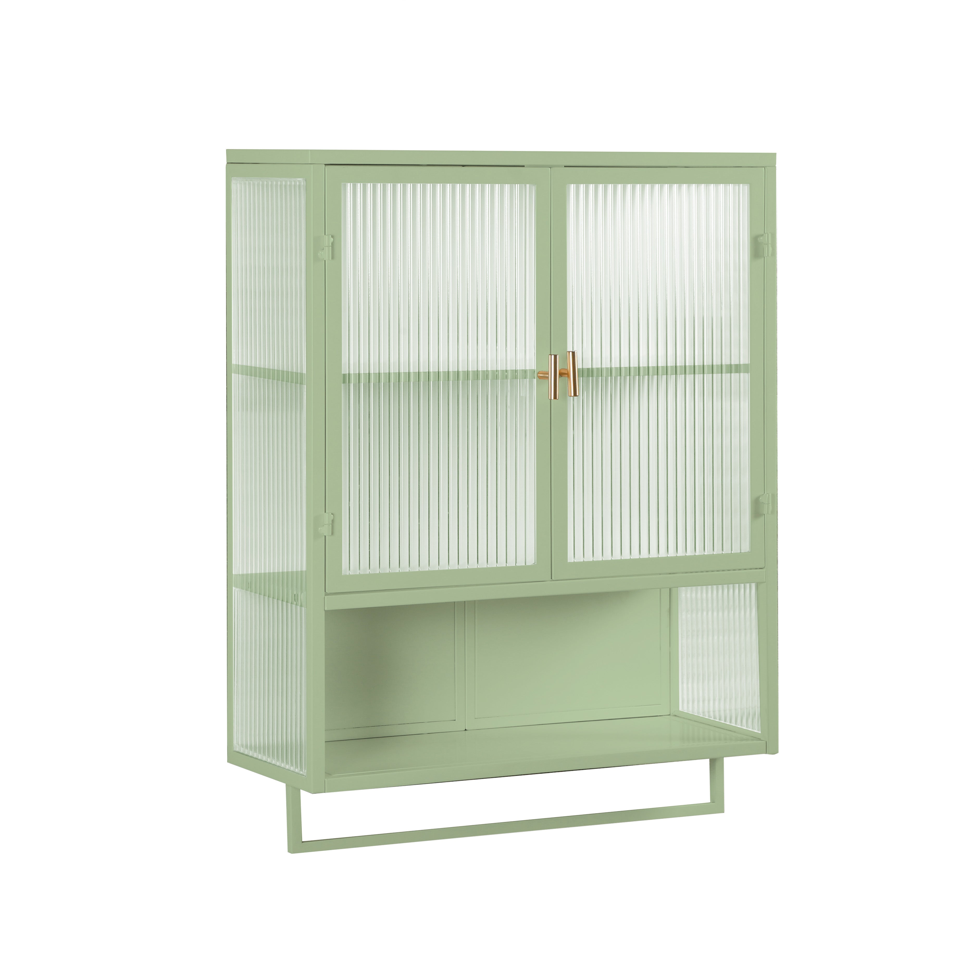 23.62"Glass Doors Modern Two-door Wall Cabinet with Featuring Two-tier Enclosed Storage, an Open Shelf, and Towel Rack, for Entryway Living Room Bathroom Dining Room,Green