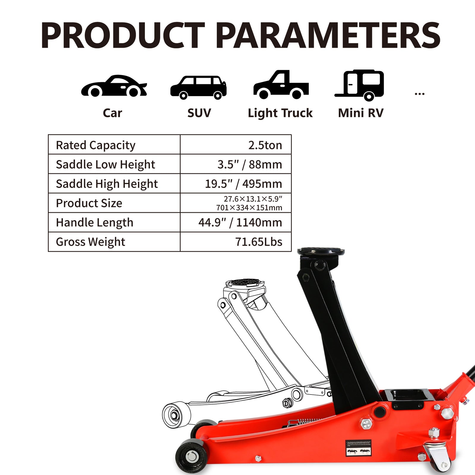 2.5 Ton Low Profile Floor Jack,Steel Racing Floor Jack with Dual PistonsQuick Lift Pump,Hydraulic floor jack Lifting range 3.5