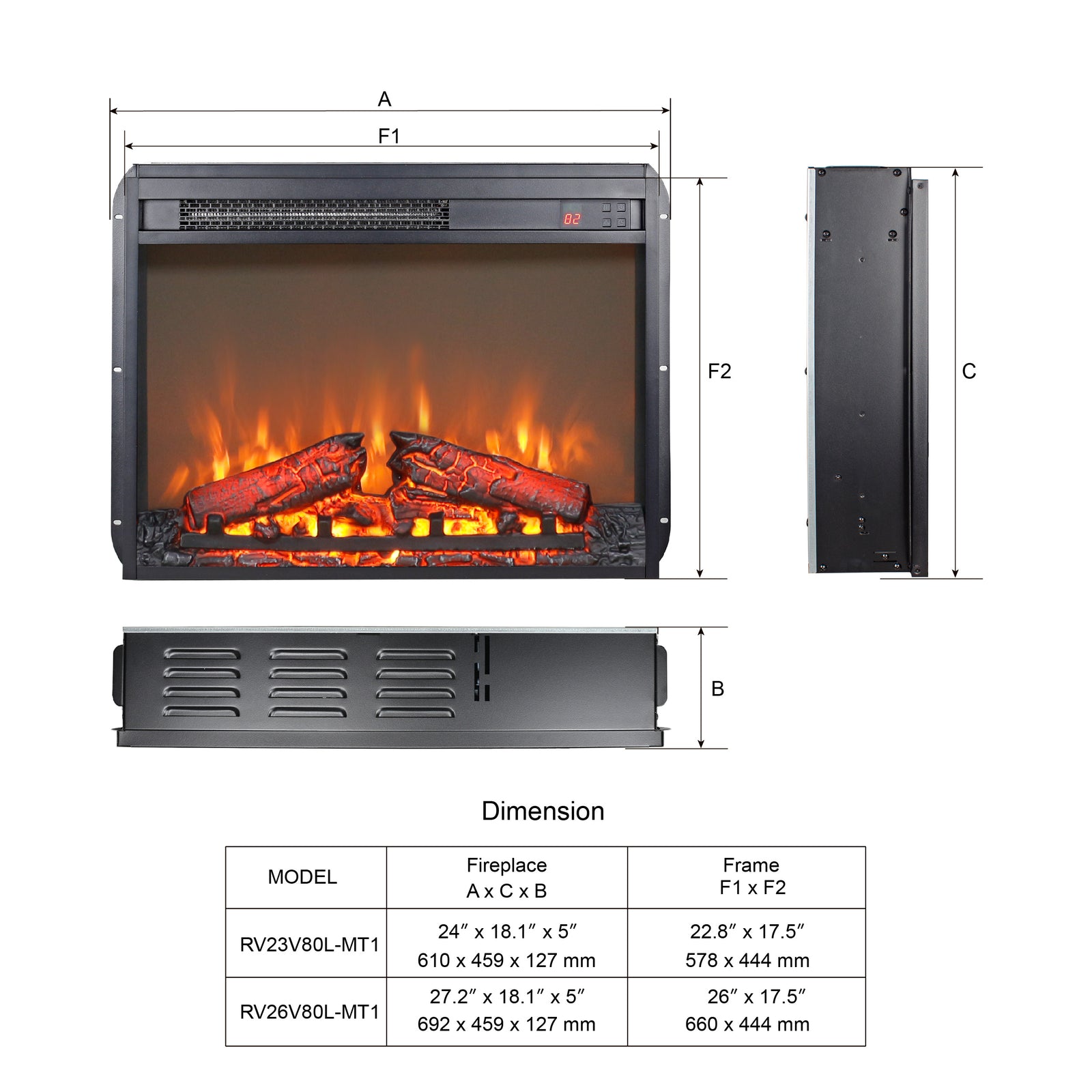 26 inch electric fireplace insert, ultra thin heater with log set & realistic flame, remote control with timer, overheating protection