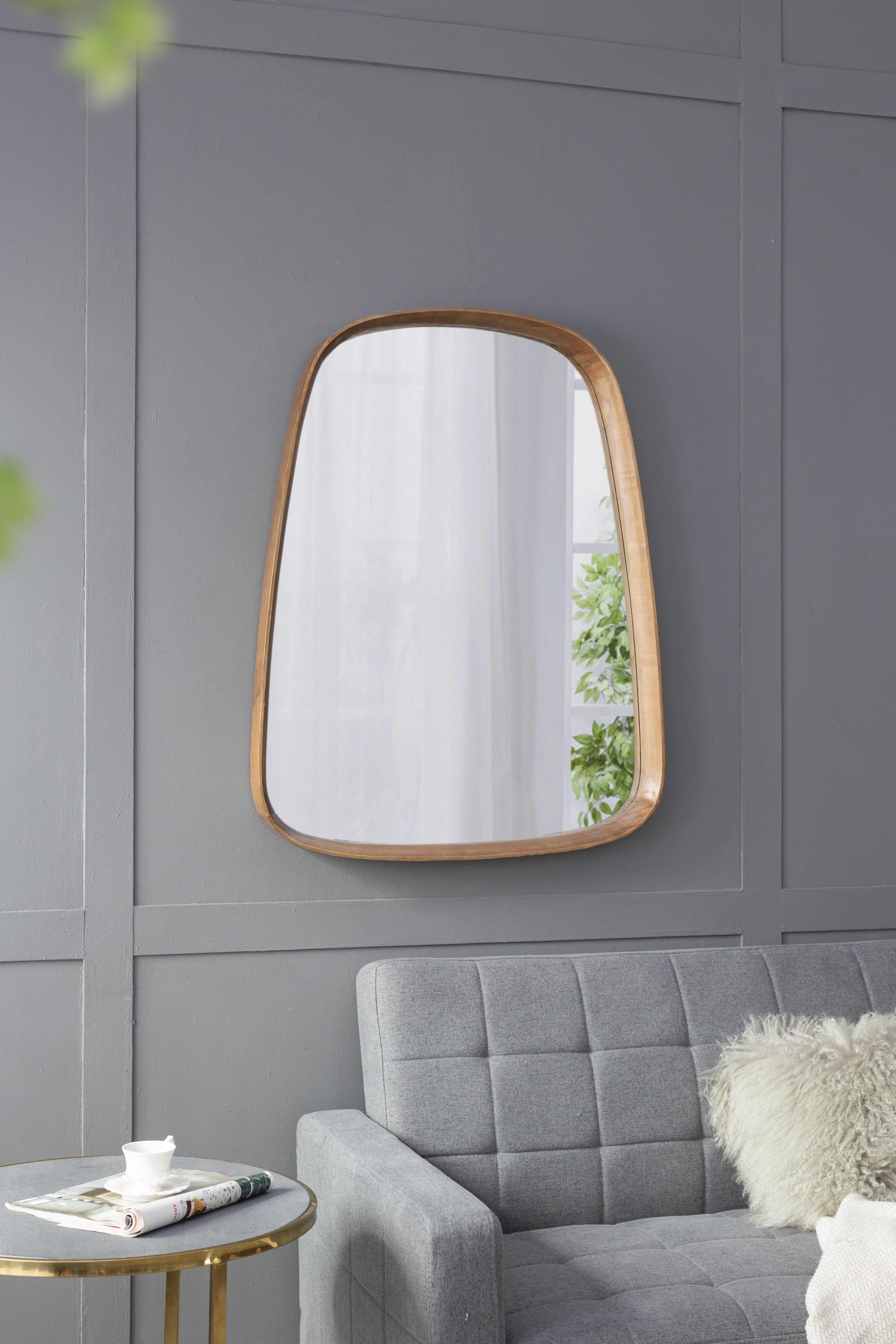 27"x37" Irrgeular Mirror with Wood Frame, Wall Mirror for Living Room Bathroom Entryway