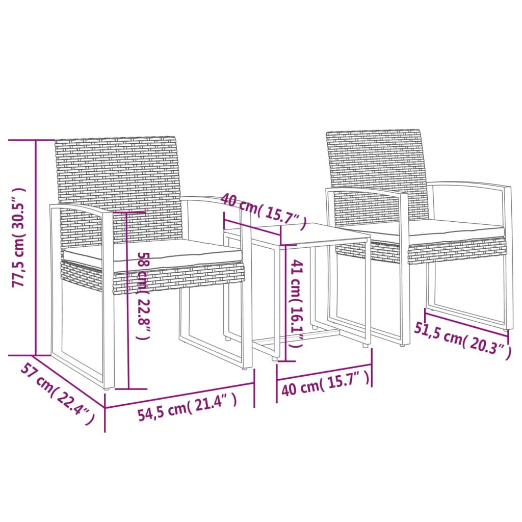3 piece Patio Dining Set with Cushions Black PP Rattan