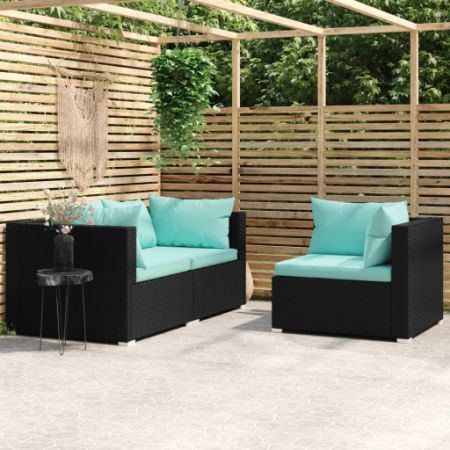 3 Piece Patio Lounge Set with Cushions Black Poly Rattan