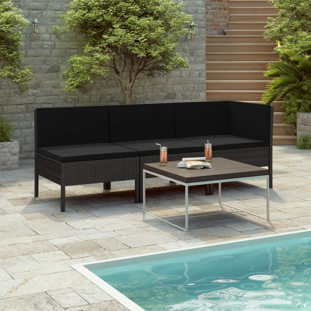 3 Piece Patio Lounge Set with Cushions Poly Rattan Black - WoodPoly.com