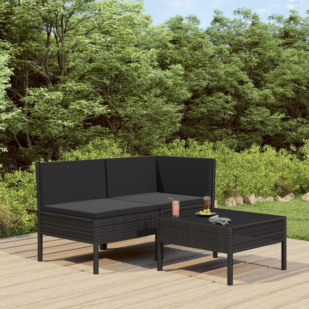 3 Piece Patio Lounge Set with Cushions Poly Rattan Black - WoodPoly.com