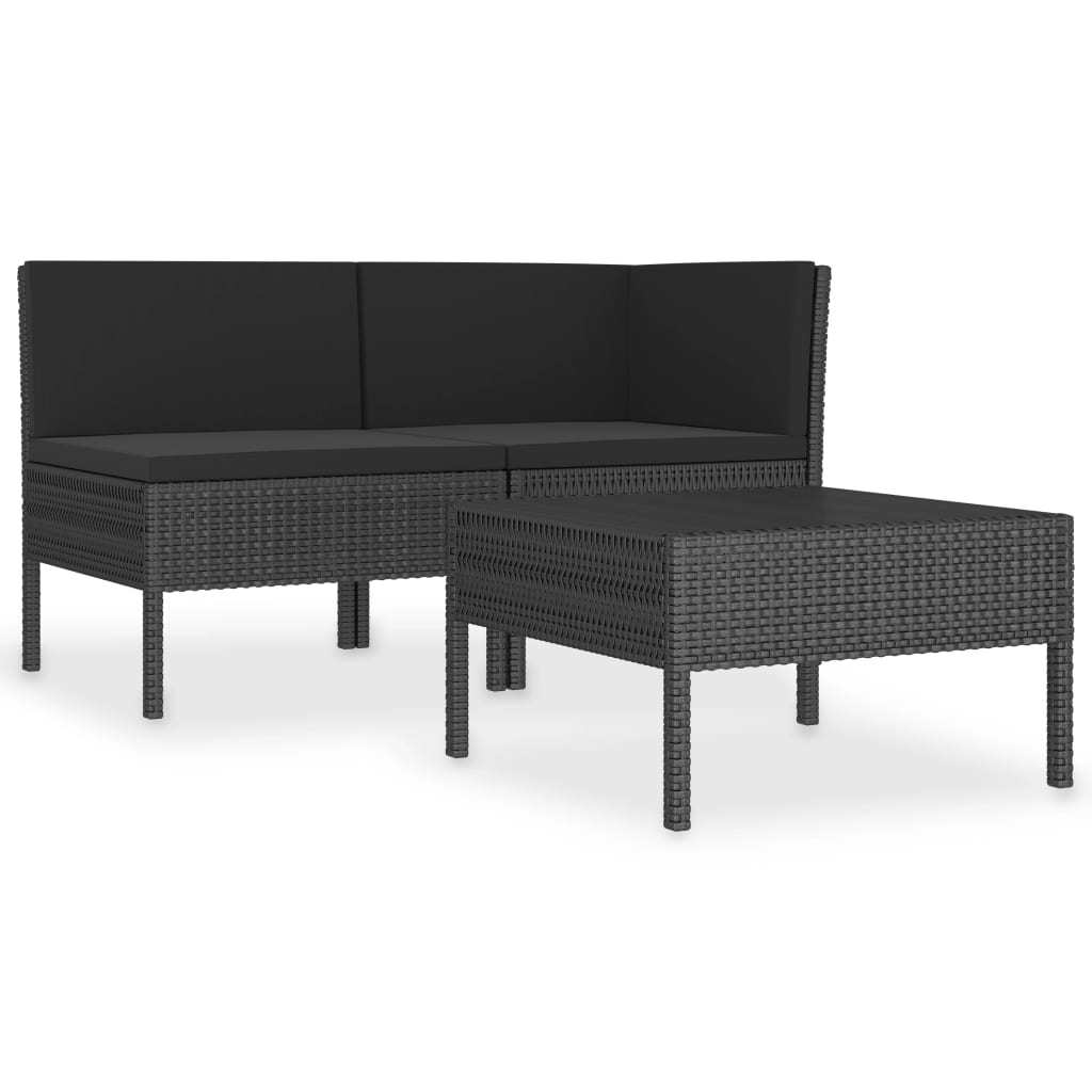 3 Piece Patio Lounge Set with Cushions Poly Rattan Black - WoodPoly.com