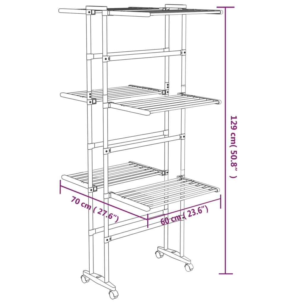 3-Tier Laundry Drying Rack with Wheels Silver 23.6