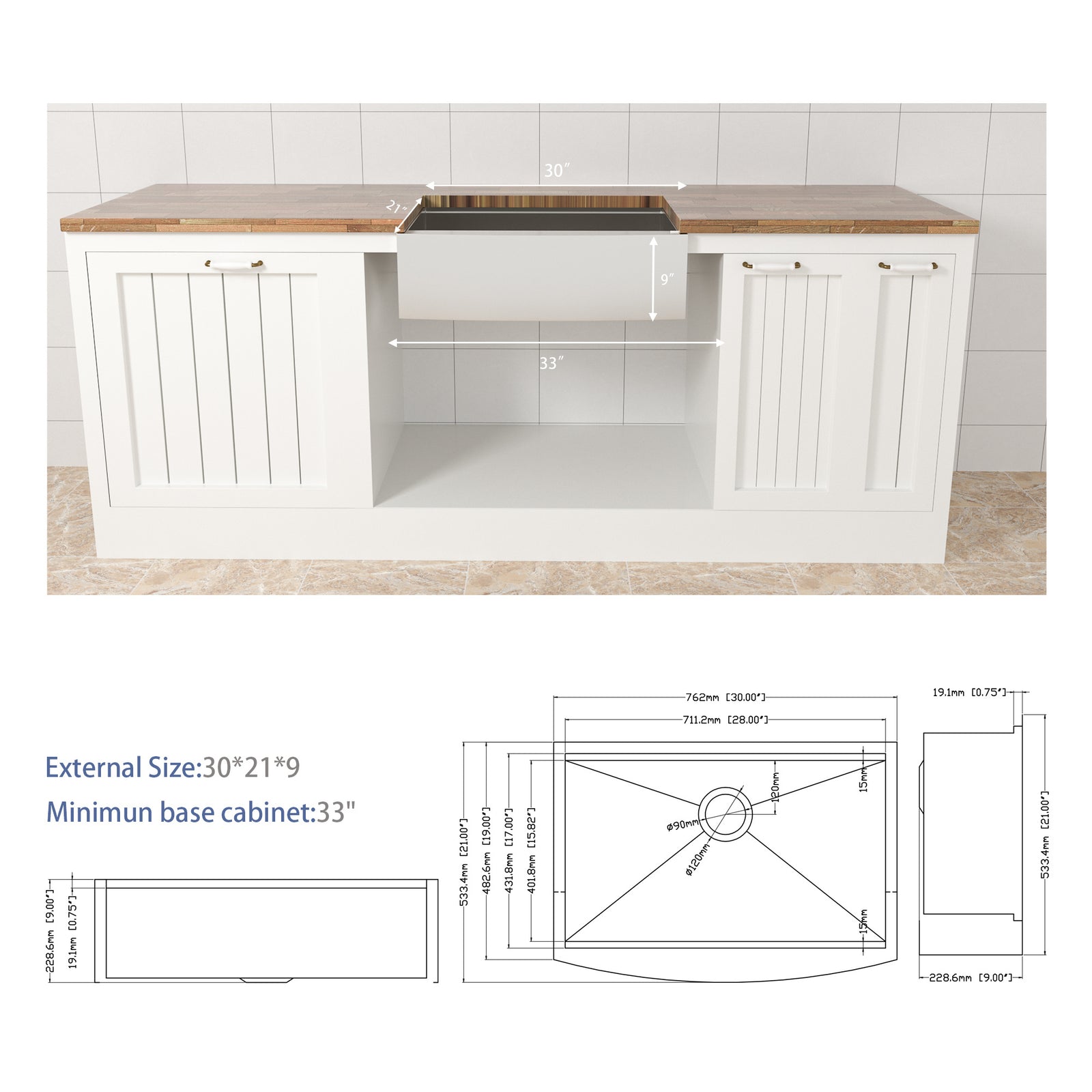 30 Farmhouse Sink Workstation - 30*21*9 Inch Kitchen Sink Stainless Steel 18 gauge Apron Front Kitchen Sink
