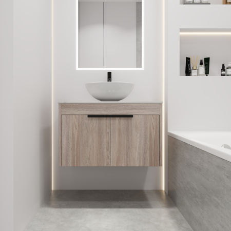 30 " Modern Design Float Bathroom Vanity With Ceramic Basin Set;  Wall Mounted White Oak Vanity With Soft Close Door; KD-Packing;  KD-Packing;  2 Pieces Parcel(TOP-BAB321MOWH)